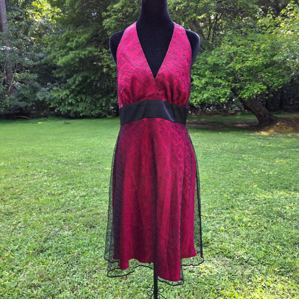 JONES WEAR DRESS Women's 10 Red Black Lace Halter Midi Dress Y2K Whimsigoth Vamp